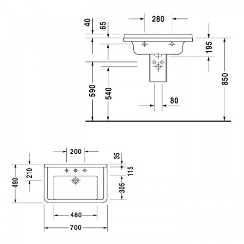 Duravit Starck 3 Раковина 700х490 мм, с переливом, с 1 отв под смеситель, цвет белый