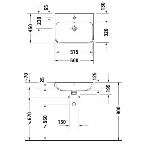 DURAVIT HAPPY D.2 PLUS Раковина 600х460 мм, без отверстий для смесителя, с переливом, с крепл, выпуск с керамич клап, WonderGliss, цв антрацит матовый