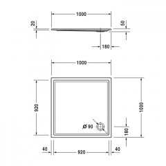 Duravit Starck Slimline Поддон акриловый квадратный 1000x1000х50mm, d90, цвет белый