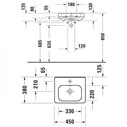 Duravit Soleil by Starck Раковина подвесная 450х380х130 мм,с 1 отв под смеситель, с переливом, WonderGliss ,цвет белый