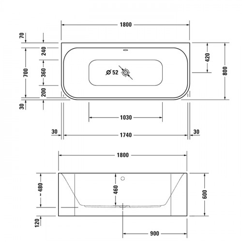 Duravit Happy D.2 Plus Ванна акриловая 1800х800мм, пристенная, 2 наклона для спины, бесшовная акриловая панель,ножки, цвет: белый