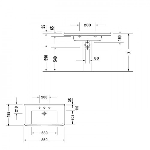 Duravit Starck 3 Раковина 850х485 мм, с переливом, с 1 отв под смеситель, цвет белый