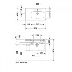 Duravit DuraStyle Раковина для мебели ассиметричная,с перел., с 1 отв. под смес., раковина справа, 800x480мм, Цвет: Белый (СПЕЦЦЕНА)