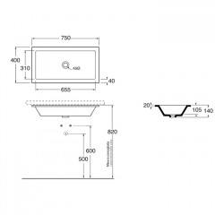 AZZURRA THIN раковина 75х40см встраиваемая под столешницу, без отв-я под смеситель, цвет белый (заказ ПО Запросу!)