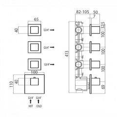 Bossini Встр. часть термостата 3 дивиатора на 2 выхода, (6 выходов) высокой пропускной способности на ¾, уст-ка верт/гор.