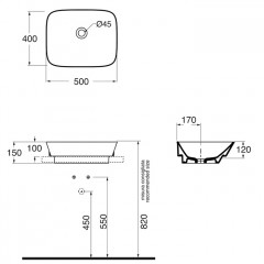 Azzurra PRUA Раковина накладная 50х40хh15см без отв. под смеситель, цвет белый