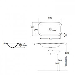 AZZURRA GLAZE Раковина встраиваемая на столешн. без отв. под смеситель 69x38см, цвет белый