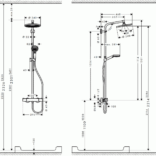 Hansgrohe Crometta Showerpipe S 240 SHP: термостат для душа + стойка с верхним душем 240мм + ручной душ со шлангом 160мм, цвет: хром