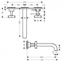 Axor Citterio E, Смеситель для раковины, на 3отверстия, с панелью и изливом220 мм, настенный монтаж, СМ, внешняя часть, цвет: хром