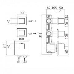 Bossini Встр. часть термостата с 2 запорными клапанами, (2 выхода) высокой пропускной способности на ¾, уст-ка верт/гор.
