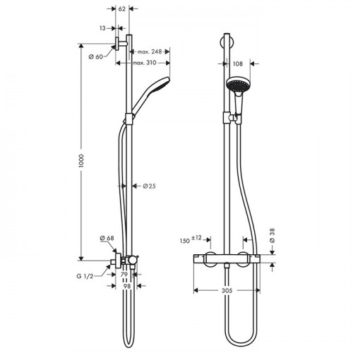 Hansgrohe Croma Select S Душевая система SemiPipe Multi: ручной душ, термостат для душа, штанга для душа, держатель для душа, цвет: белый/хром