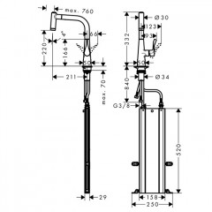 Hansgrohe Kitchen M7116-H220 Смеситель для кухни, однорычажный, с вытяжным душем, сталь