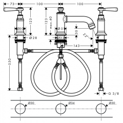 Axor Montreux Смеситель для раковины 30, на 3 отверстия, с рычаговыми рукоятками, с донным клапаном, цвет: никель