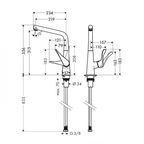Hansgrohe Metris Смеситель для кухни на 1 отв, поворотный и выдвижной излив, цвет: хром