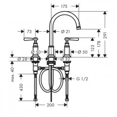 Axor Montreux, Смеситель для раковины 180,на 3 отверстия, с рычаговымирукоятками, с донным клапаном, цвет: никель шлифованный