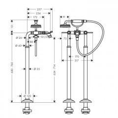 Axor Montreux, Смеситель для ванны, с двумя рычаговыми рукоятками, напольный, внешняя часть, цвет: никель шлифованный