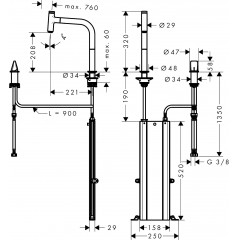 Hansgrohe Metris Select M71 Смеситель для кухни, на 2 отв, поворотный излив: 22.1см с вытяжным душем, 1jet, h:20.8см, sBox, кнопка вкл/выкл, цвет: хром