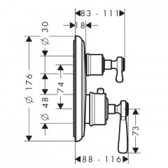 Axor Montreux, Термостат с запорным/ переключающим вентилем, с рычаговой рукояткой, СМ, внешняя часть, цвет: никель шлифованный