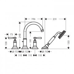 Axor Montreux, Смеситель на край ванны, на 4 отверстия, с рычаговыми рукоятками, внешняя часть, цвет: никель шлифованный