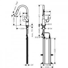 Hansgrohe Focus M41 Смеситель для кухни на 1 отв, поворотный излив: 22см с вытяжным душем, 2jet, h:22.6см, sBox, цвет: нержавейка