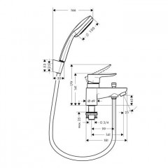 Hansgrohe Metris Смеситель на край ванны, на 2 отверстия, с переключающим вентилем и ручным душем Croma 100 Vario, цвет: хром