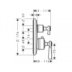 Axor Montreux, Термостат с запорным/ переключающим вентилем, с рычаговой рукояткой, СМ, внешняя часть, цвет: хром