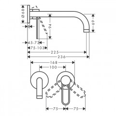 Axor Uno Встраиваемый смеситель для раковины, на 2 отв., излив 225мм, с незапираемым донным клапаном, внешняя часть, цвет: шлифованный никель