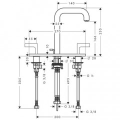 Axor Citterio, Смеситель для раковины, на 3отверстия 170, с рычаговымирукоятками, панелью и изливом, цвет: хром