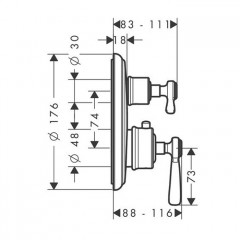 Axor Montreux Термостат с запорным/переключающим вентилем, СМ, 2 потребителя (рычажные рук.), внешняя часть, цвет: полированное золото