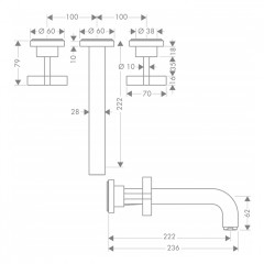Axor Citterio Встраиваемый смеситель для раковины, на 3 отв, с розеткой, излив: 222мм, с донным клапаном, внешняя часть, цвет: хром