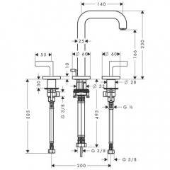 Axor Citterio, Смеситель для раковины 170,на 3 отверстия, с рычаговымирукоятками и изливом, цвет: хром
