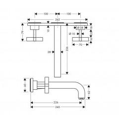 Axor Citterio, Смеситель для раковины, на3 отверстия, с крестовымирукоятками, панелью и изливом226 мм, настенный монтаж, СМ, внешняя часть, цвет: хром
