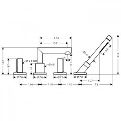 Axor Uno Смеситель на борт ванны, на 4 отв.,с ручным душем, внешняя часть, цвет: шлифованный никель