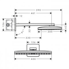 Axor ShowerSolutions Верхний душ 460 х 300мм, 2jet, с настенным держателем 460мм (скругл. края розетки), цвет: хром