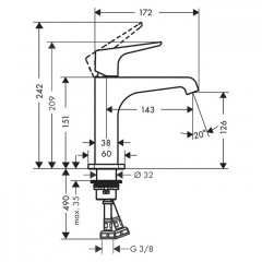 Axor Citterio E Смеситель для раковины 125, на 1 отв., излив: 143мм, без донного клапана, цвет: хром