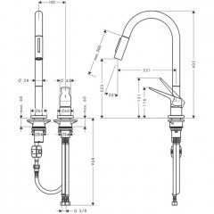 Axor Citterio M Смеситель для кухни, однорычажный, на 2 отв, с выдвижным душем, излив: 221мм, цвет: сталь