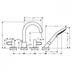 Axor Uno Смеситель на борт ванны, на 4 отв., с рукоятками-петлями, с ручным душем, внешняя часть, цвет: хром