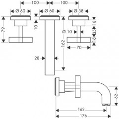 Axor Citterio, Смеситель для раковины, на 3 отверстия, с крестовыми рукоятками, розетками и изливом 162 мм, настенный монтаж, СМ, внешняя часть, цвет: хром