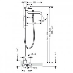 Axor Uno Смеситель для ванны, однорычажный, с ручным душем, напольный, внешняя часть, цвет: шлифованный никель