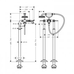 Axor Montreux Смеситель для ванны, напольный, на 2 отв, с ручным душем излив 234мм (рычажные рук.), внешняя часть, цвет: полированное золото