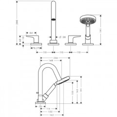 Axor Citterio M, Смеситель на край ванны, на 4 отверстия, с рычаговыми рукоятками, внешняя часть, цвет: хром