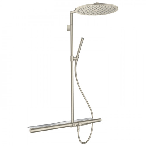 Axor ShowerSolutions Душевая стойка с термостатом, верхним душем 350мм, 1jet, шлангом, ручным душем и полочкой, цвет: шлифованный никель