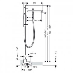 Axor Uno Смеситель для ванны, однорычажный, с ручным душем, напольный, внешняя часть, цвет: шлифованный никель
