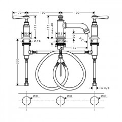Axor Montreux Смеситель для раковины, на 3 отв., излив 143мм, с донным клапаном (рычажные рук.), цвет: полированное золото