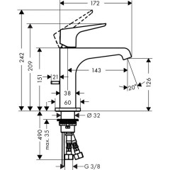 Axor Citterio E, Смеситель для раковины, однорычажный, с рычаговой рукояткой и сливным гарнитуром, цвет: хром