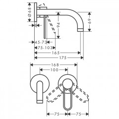 Axor Uno Встраиваемый смеситель для раковины, на 2 отв., излив 165мм, с незапираемым донным клапаном, внешняя часть, цвет: шлифованный никель