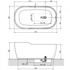 ANTONIO LUPI FUNNY WEST Ванна отдельностоящая 1510х800х600 мм., с нажимным донным клапаном, сифоном и гибким шлангом, Cristalplant, цвет белый