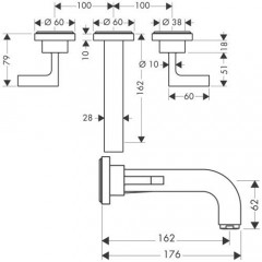 Axor Citterio, Смеситель для раковины, на 3 отверстия, с рычаговыми рукоятками, розетками и изливом 162 мм, настенный монтаж, СМ, внешняя часть, цвет: хром