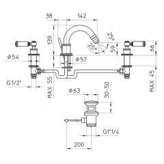 Bossini Liberty Смеситель для биде на 3 отверстия с поворотным изливом и заглушкой 1/4, цвет: хром