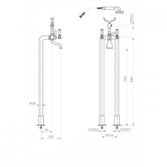 Bossini Liberty Смеситель для ванны, напольный, высота 890 мм, душ лейка Liberty шланг латунь, 150 см ½FF, цвет: золото